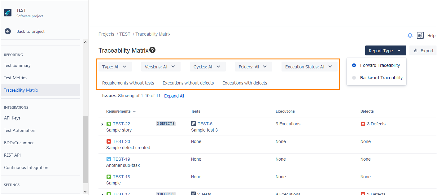 Setting filters for Forward Traceability reports