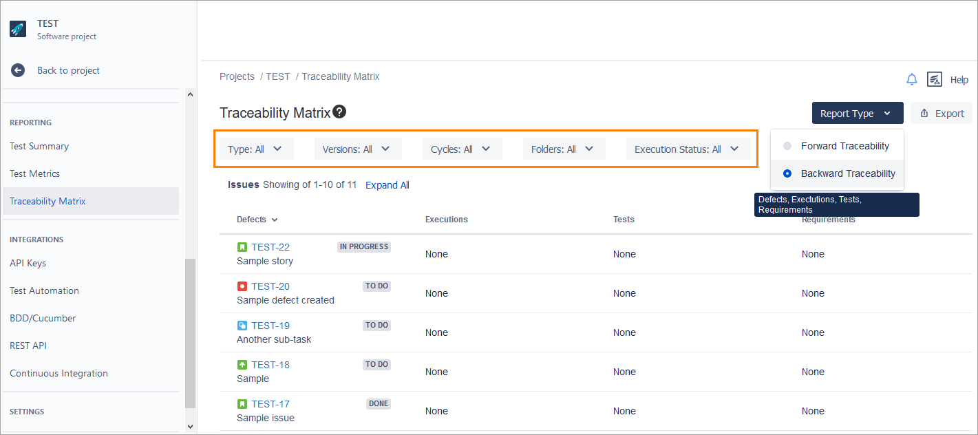 Setting filters for Backward Traceability reports