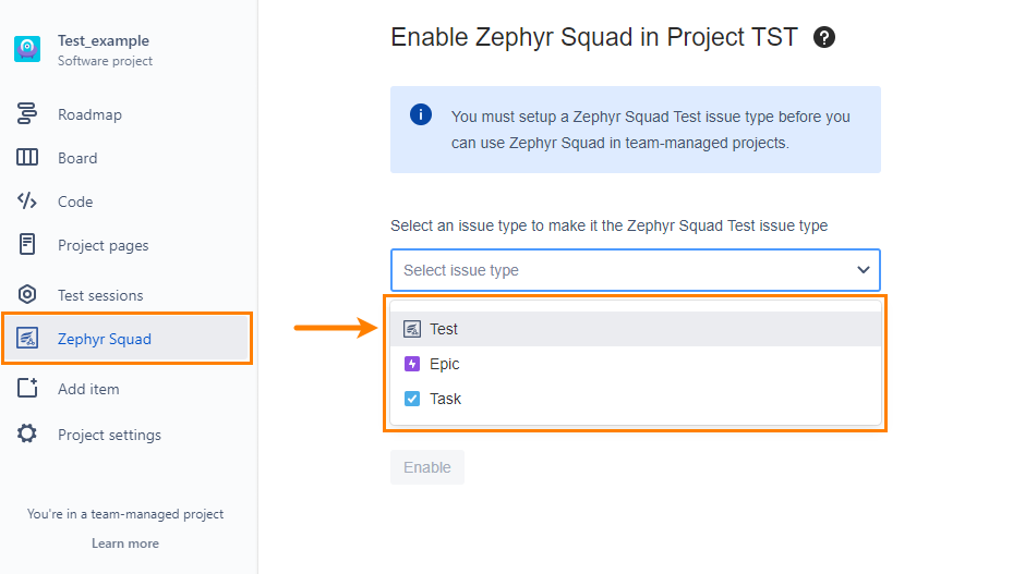 Selecting the Jira type