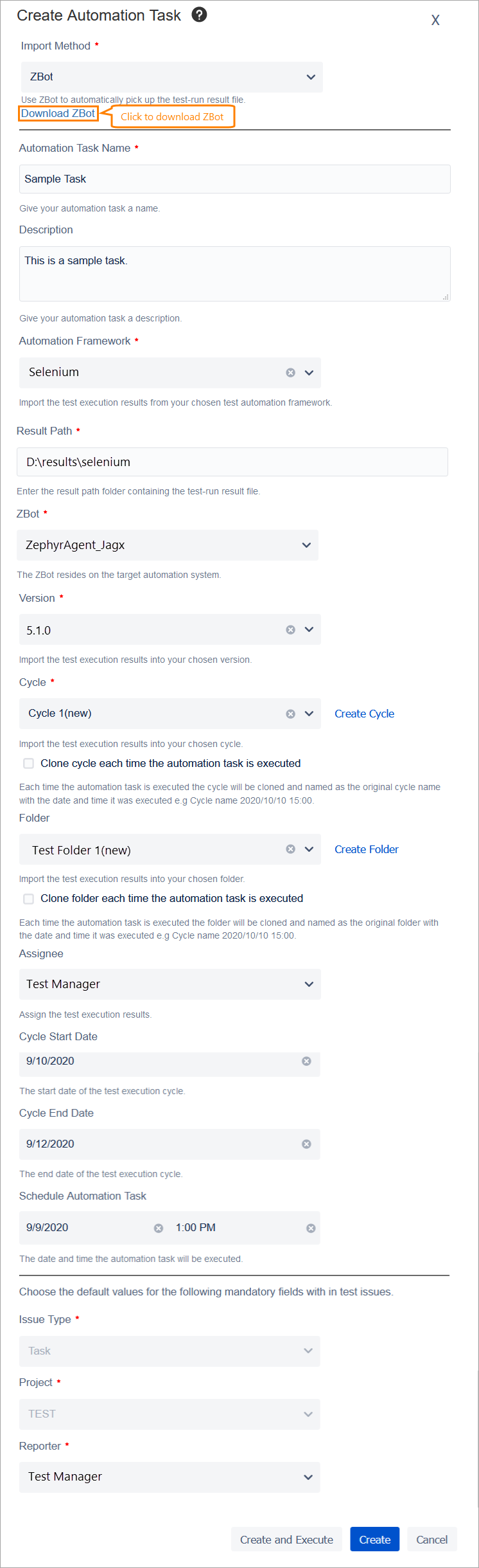 Create Automation task dialog for the ZBot